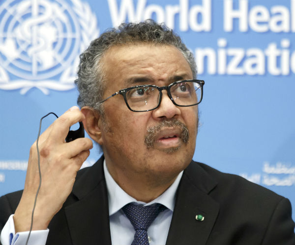 Tedros Adhanom Ghebreyesus is shown doing a press conference