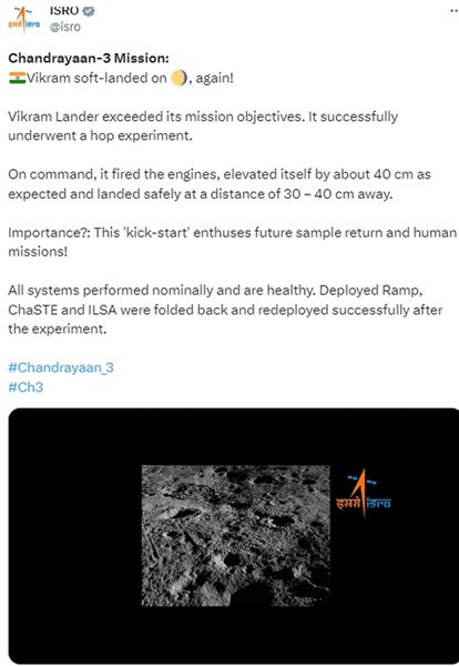 India's Moon Lander Vikram Hopped & Soft Landed Again