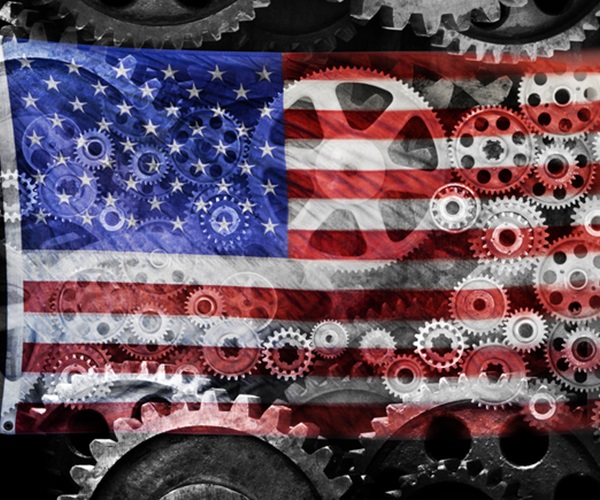 conceptual photographic montage of cogs and an American flag