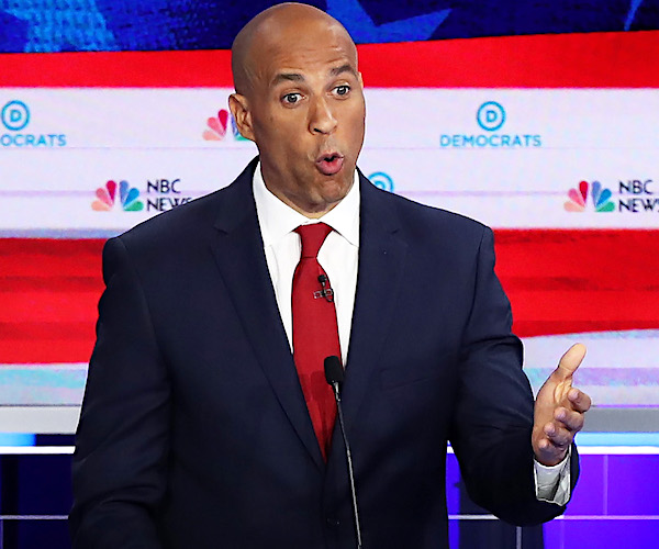 cory booker delivers remarks during the first democratic presidential primary debate
