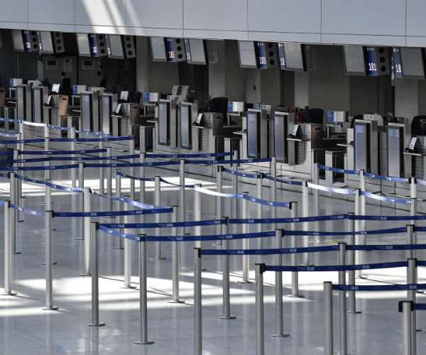 empty air port check-in counters are shown