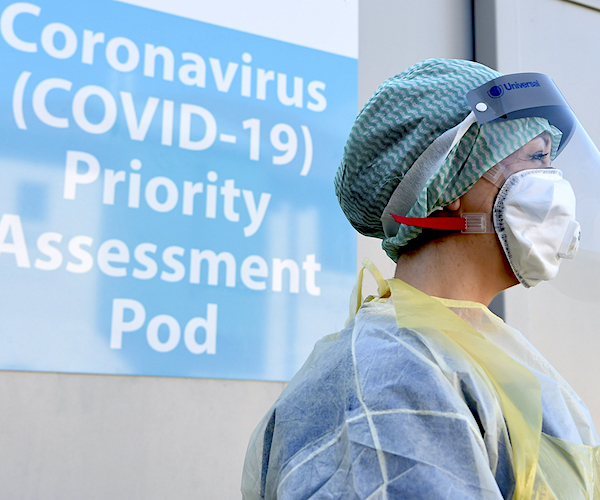 Nurse during a demonstration of the Coronavirus pod and COVID-19 virus testing procedures