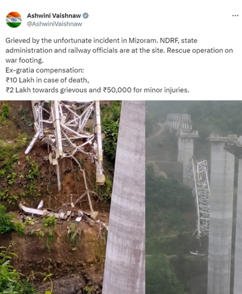 Railway Minister Announces RS 10 L Ex-gratia for Bridge Collapse Victims in Mizoram